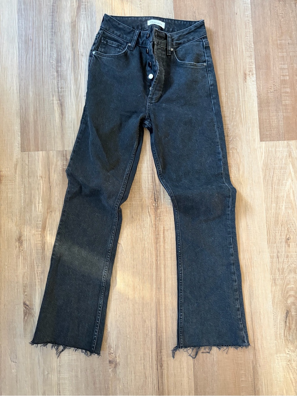 Black High-Waist Straight Leg Jeans with Raw Hem Anine Bing Crop Boot